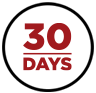 Icon with Red 30 Days text on a white square enclosed in a black circle.