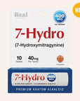A package of 7-Hydro (7-Hydroxymitragynine) chewable tablets, labeled 400mg per container, 10 tablets, 40mg per tablet. The packaging is white and blue, with a yellow NEW label in the corner.