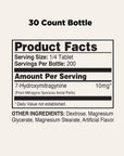 White label showing supplement facts for a 30 count bottle. Serving size is 1/4 tablet, servings per bottle are 200. Contains 10mg 7-hydroxymitragynine per serving. Other ingredients are listed at the bottom.