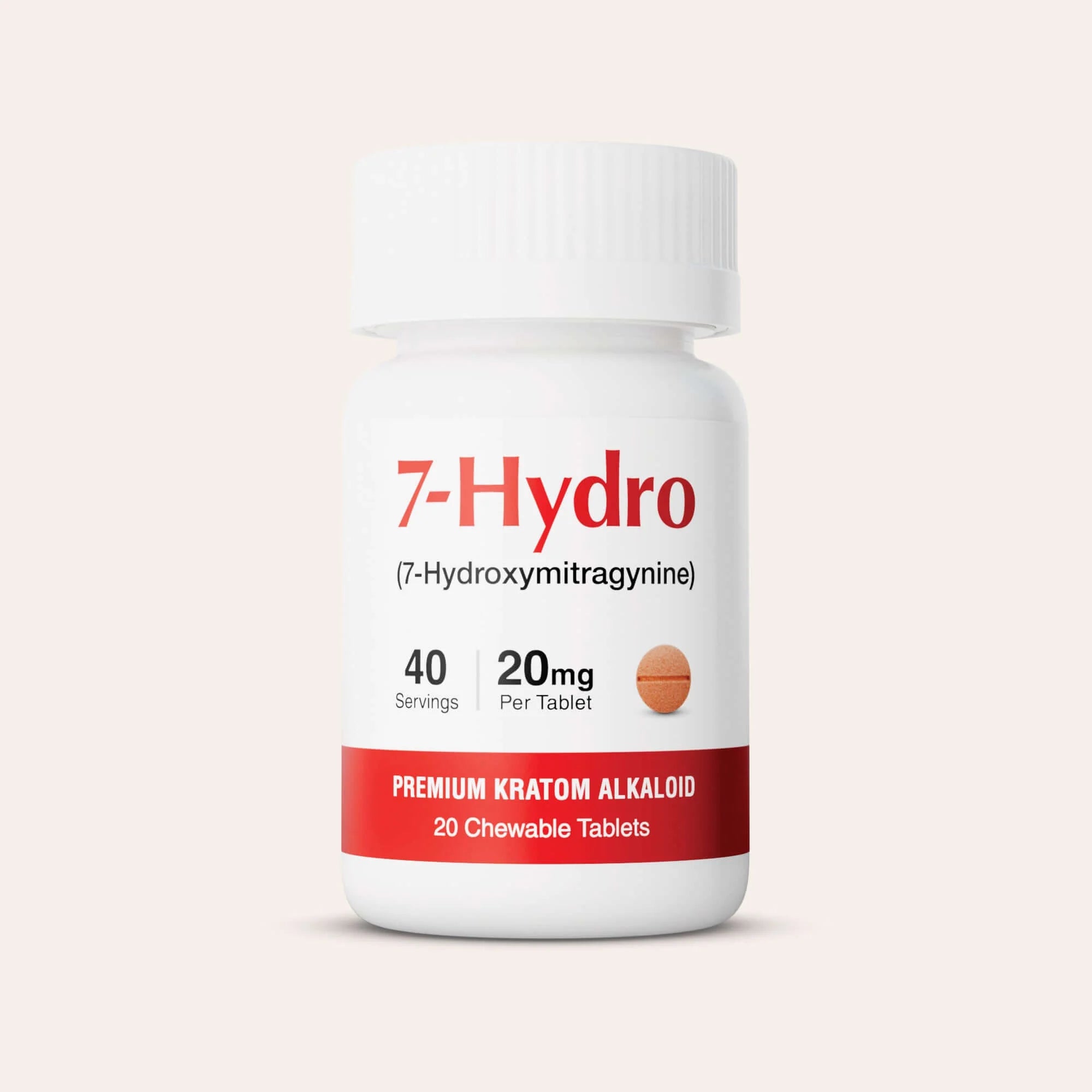 A white bottle labeled 7-Hydro (7-Hydroxymitragynine) contains 20 mg chewable tablets, with 40 servings, and a red bar stating Premium Kratom Alkaloid. The cap is white and ribbed.