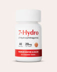A white bottle labeled 7-Hydro (7-Hydroxymitragynine) contains 20 mg chewable tablets, with 40 servings, and a red bar stating Premium Kratom Alkaloid. The cap is white and ribbed.