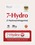 A box and blister pack labeled 7-Hydro (7-Hydroxymitragynine) with 10 chewable tablets, 20 mg per tablet, 200 mg per container, and the text Premium Kratom Alkaloid on the packaging.