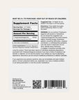 Back of a supplement package with product facts, ingredients, suggested use, warnings, and manufacturer contact details. Includes a barcode, QR code, and instructions for adult use only.