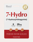 Packaging for 7-Hydro (7-Hydroxymitragynine) by Real Botanicals, showing three round tablets, labeled as 6 servings, 20mg per tablet, premium kratom alkaloid, chewable tablets.
