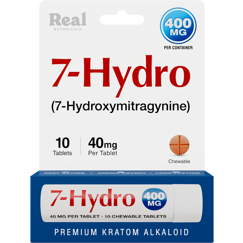 Box of 7-Hydro (7-Hydroxymitragynine) showing 400 mg per container, 10 chewable tablets, 40 mg per tablet. Packaging is white and blue, with “Premium Kratom Alkaloid” written at the bottom.