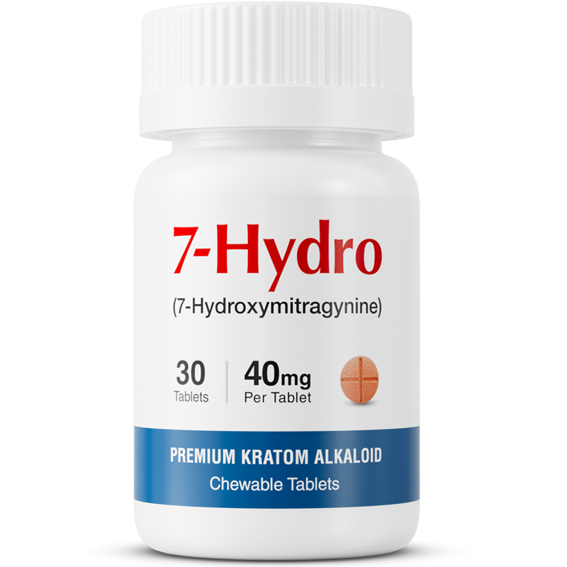 A white bottle labeled 7-Hydro (7-Hydroxymitragynine) contains 30 chewable tablets, each with 40mg. The label also reads Premium Kratom Alkaloid and shows an image of a round, tan tablet.