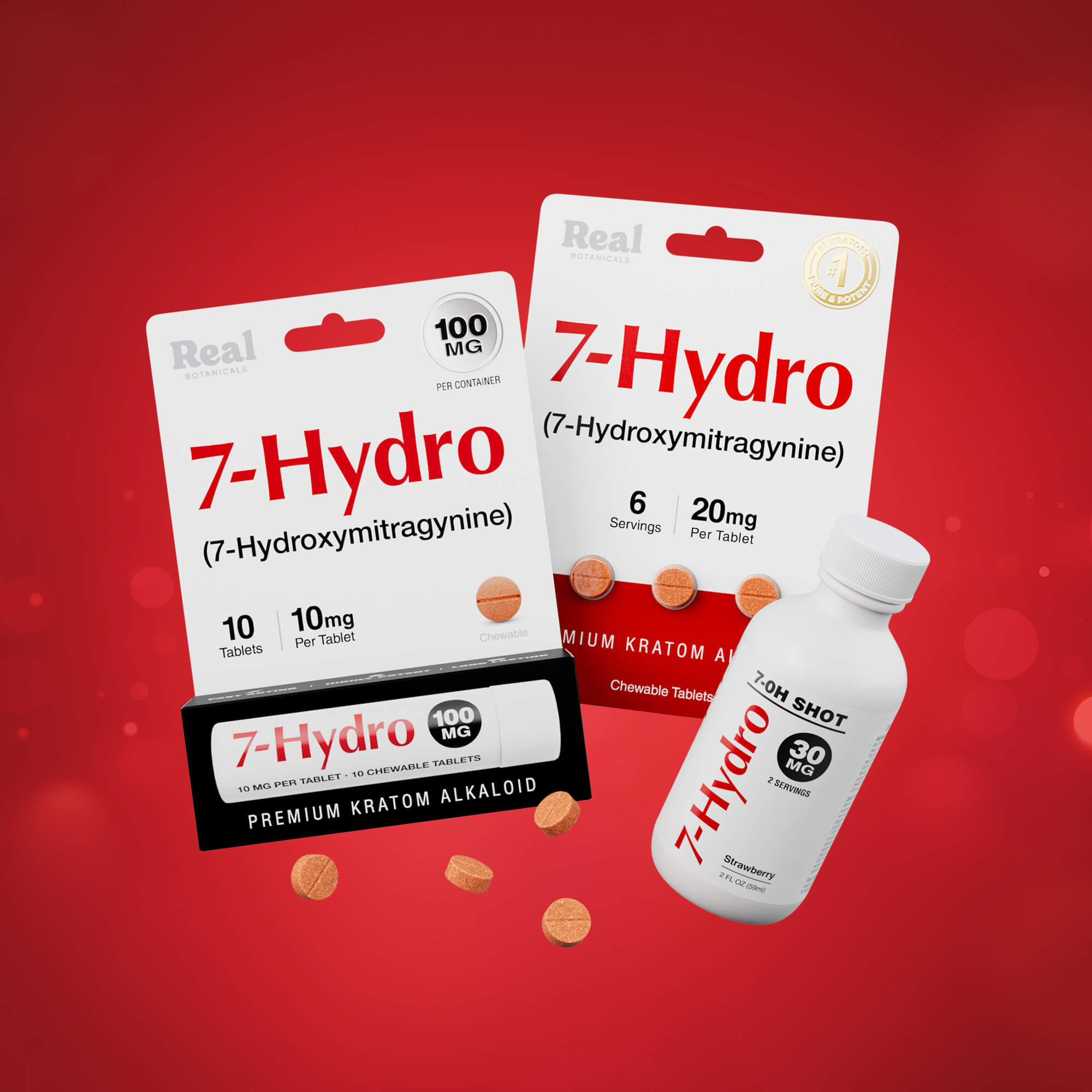 7-Hydro products including tablets, capsules, and a bottle on a red background