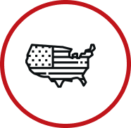 Outline of the United States with the American flag design, encircled by a red ring.