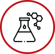 Icon of a laboratory flask with a chemical compound structure, enclosed in a red circle. The flask has a droplet inside, symbolizing chemical experimentation or research.