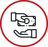 Outlined icon of two hands exchanging money within a red circle. One hand holds bills, while the other is open to receive them, symbolizing a transaction.