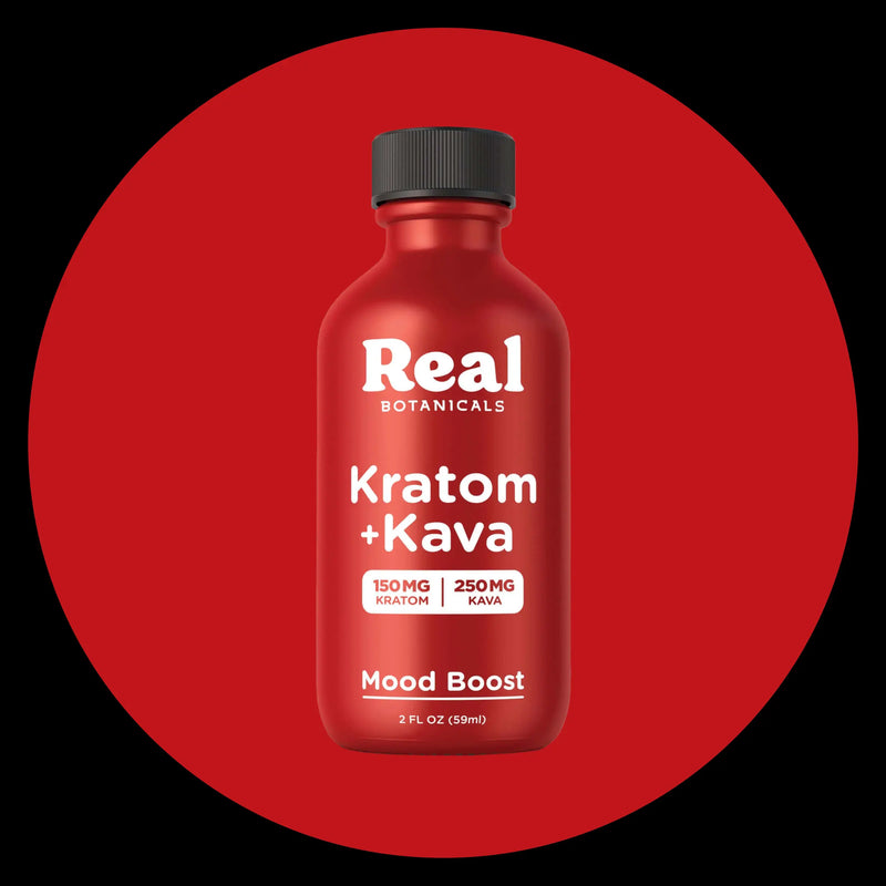 Red bottle labeled Real Botanicals Kratom + Kava with dosage details: 150mg Kratom and 250mg Kava. Text Mood Boost is at the bottom. The bottle is centered on a solid red circular background.