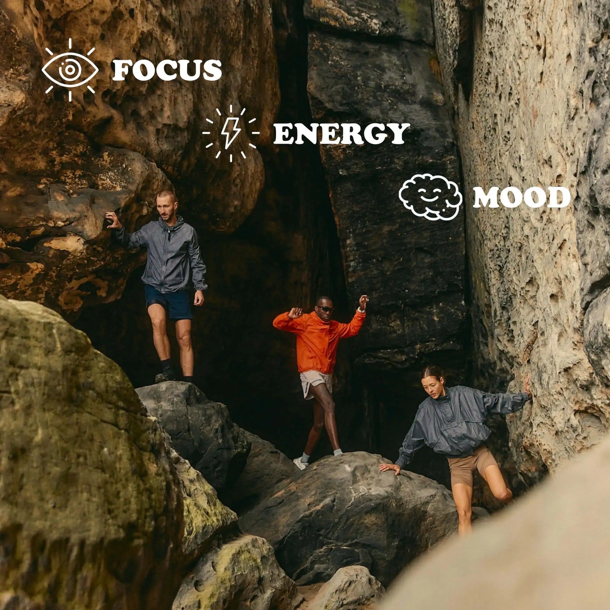 Group of friends hiking through rocky cliffs, with text highlighting focus, energy, and mood benefits