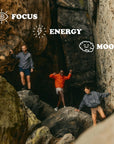 Group of friends hiking through rocky cliffs, with text highlighting focus, energy, and mood benefits