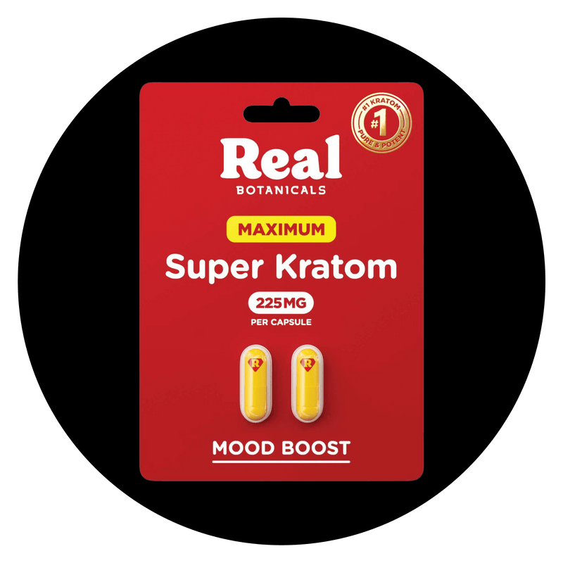 Front view of Super Kratom 225G package with supplement facts and ingredient details