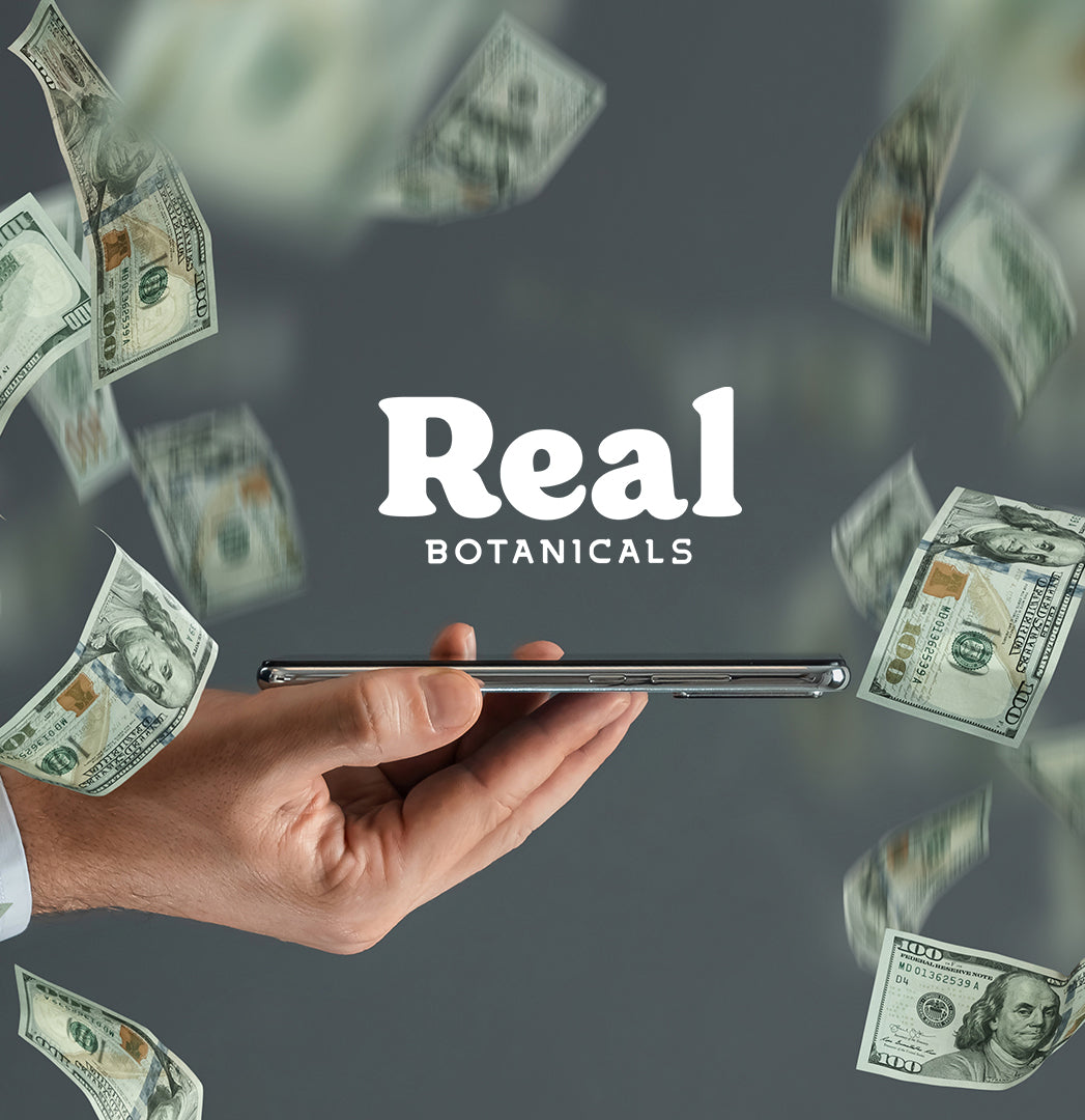 Real botanicals logo with money background