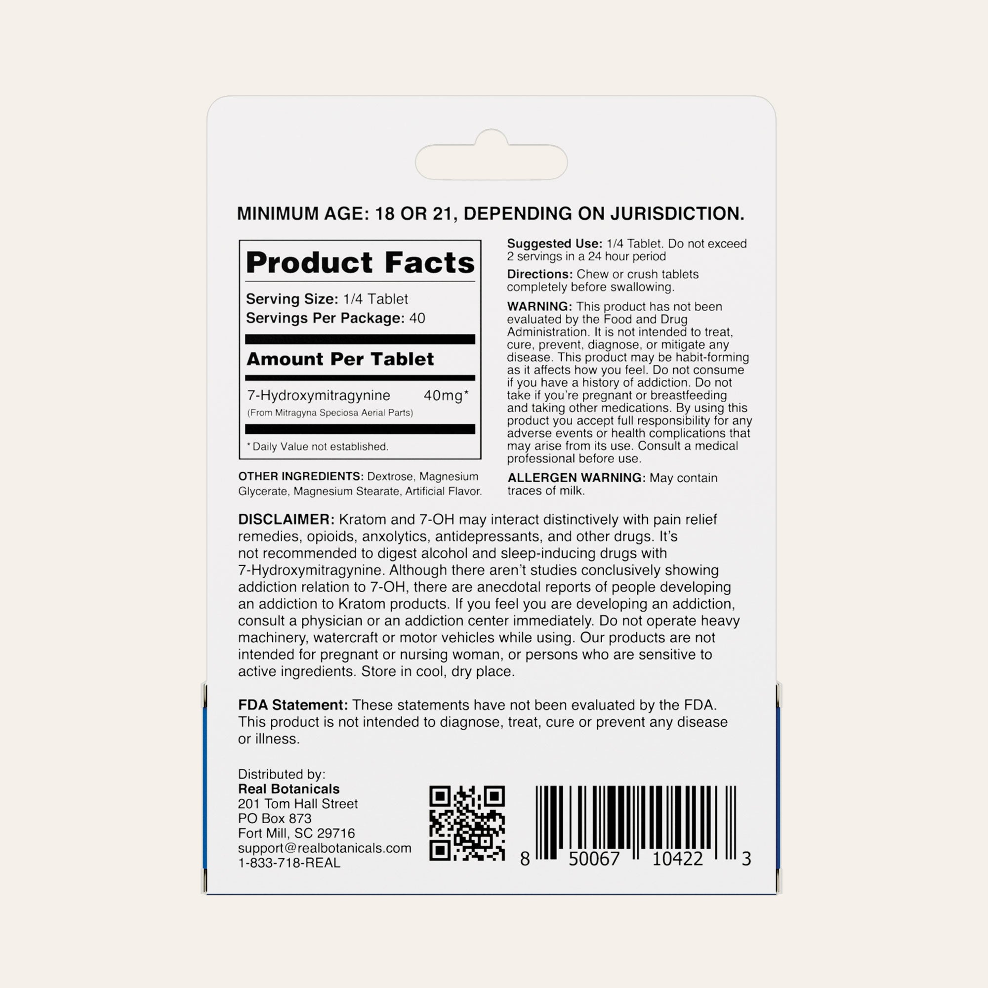 Back of a supplement package showing product facts, dosage instructions, ingredient list, allergy warning, disclaimer, FDA statement, barcode, and contact information for Botaniq Brands.