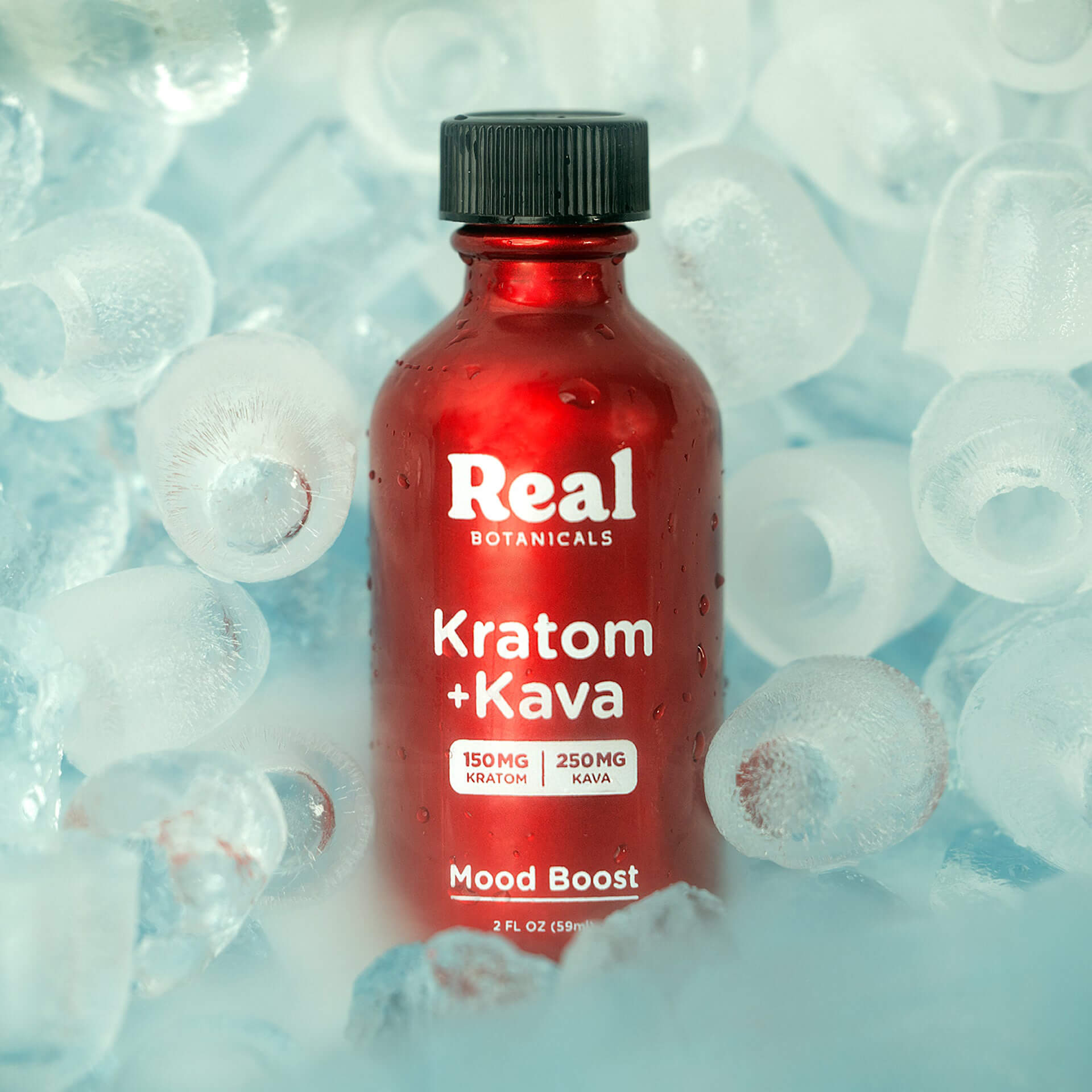 Red bottle of Real Botanicals Kratom + Kava on a light blue background with ice cubes.