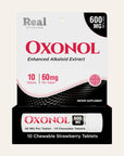 Oxonol dietary supplement package with red and black design on a beige background