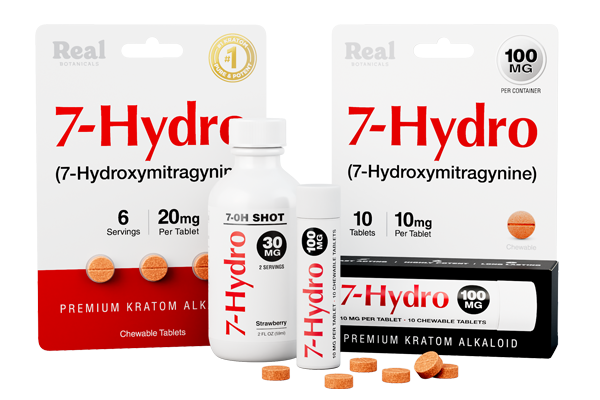 7-Hydro (7-Hydroxymitragynine) premium kratom alkaloid products – chewable tablets and shot bottle