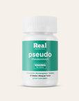 Supplement bottle labeled 'Real Botanicals pseudo' on a light beige background