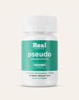 Supplement bottle labeled 'Real Botanicals pseudo' on a light beige background