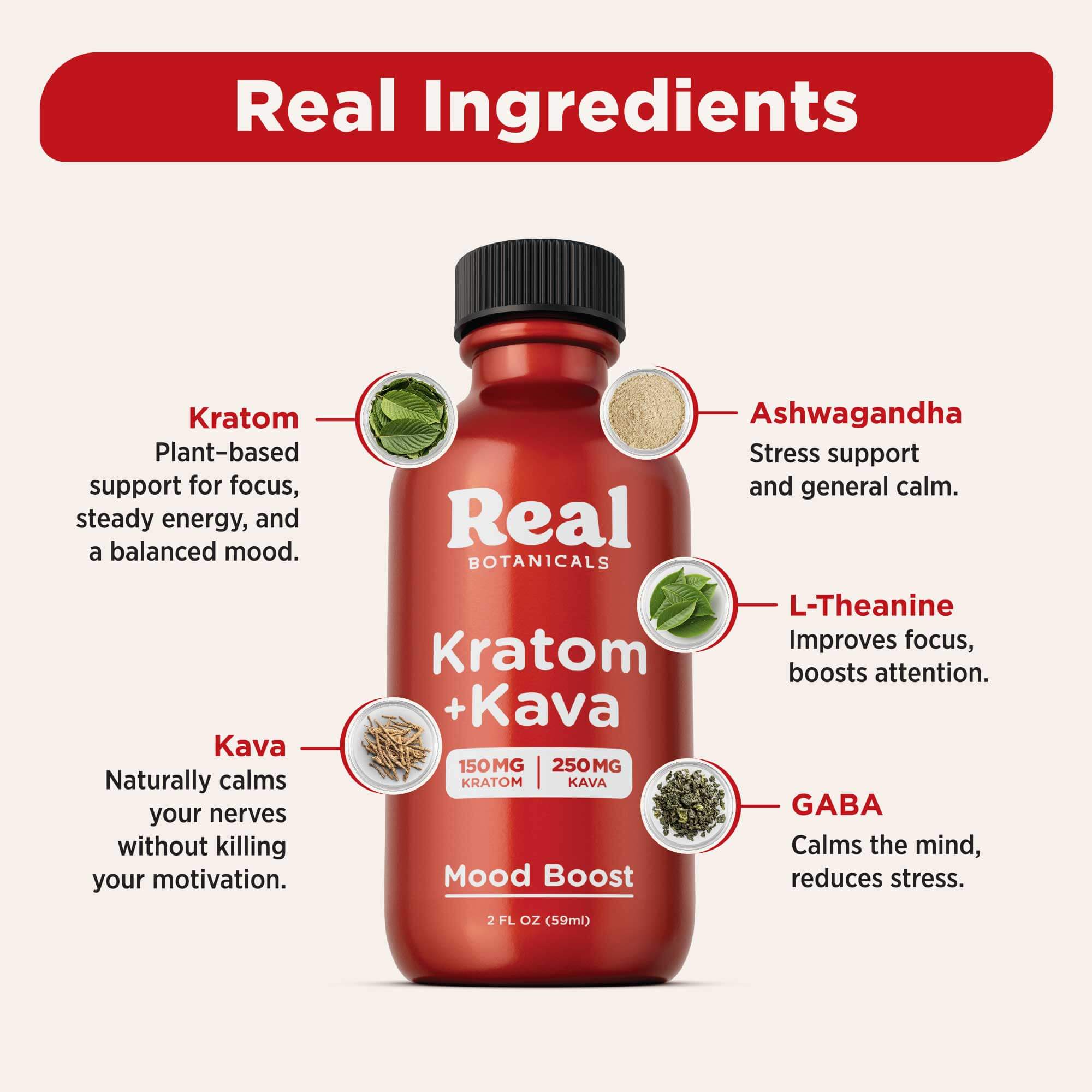 Red bottle of Real Botanicals Kratom + Kava with ingredient labels on a white background