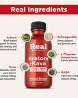 Red bottle of Real Botanicals Kratom + Kava with ingredient labels on a white background