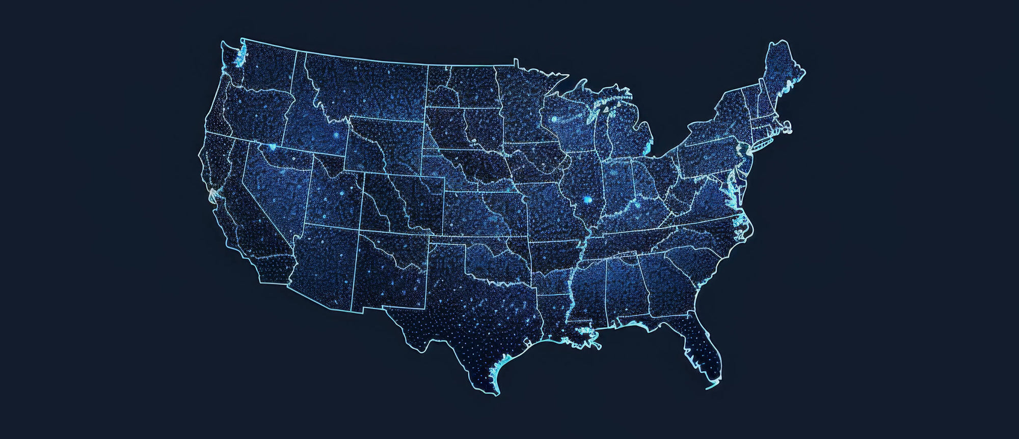 Map of the United States with glowing lights on a dark background