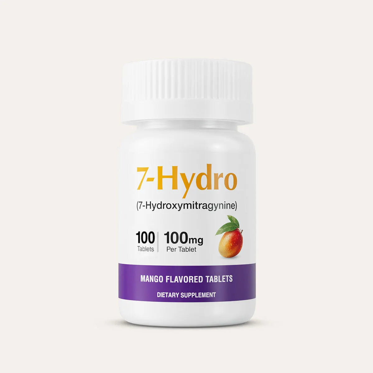 A white plastic bottle of 7-Hydro dietary supplement tablets with a white cap, featuring orange and purple text and a small mango graphic on the label, set against a light beige background.