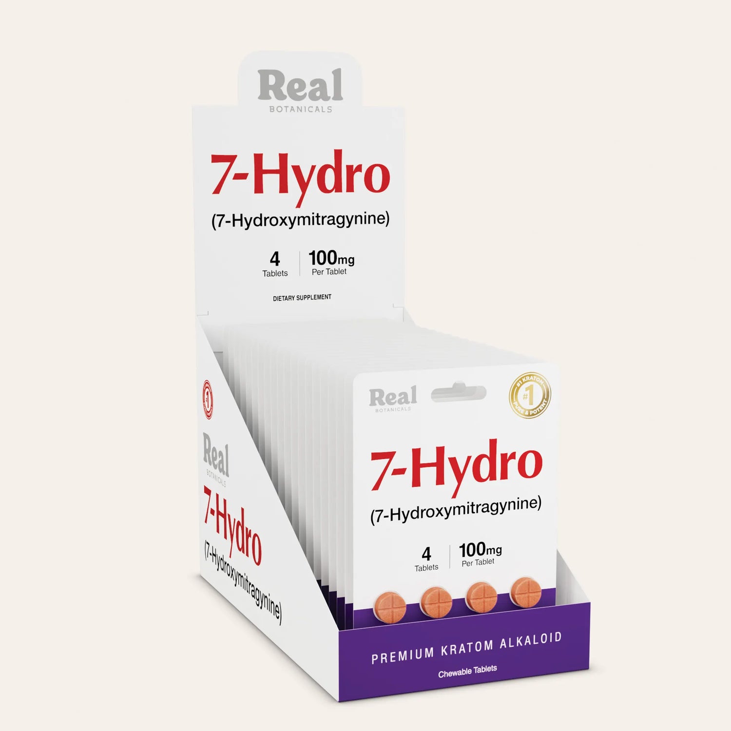 Display of 7-Hydro dietary supplement packaging with 'Real' branding on a white background.