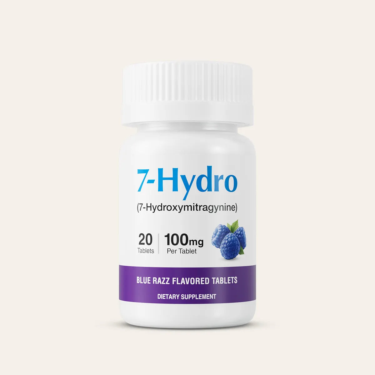 A white plastic bottle of 7-Hydro dietary supplement with a white cap, featuring blue and purple text and a blue raspberry graphic on the label, set against a solid light beige background.
