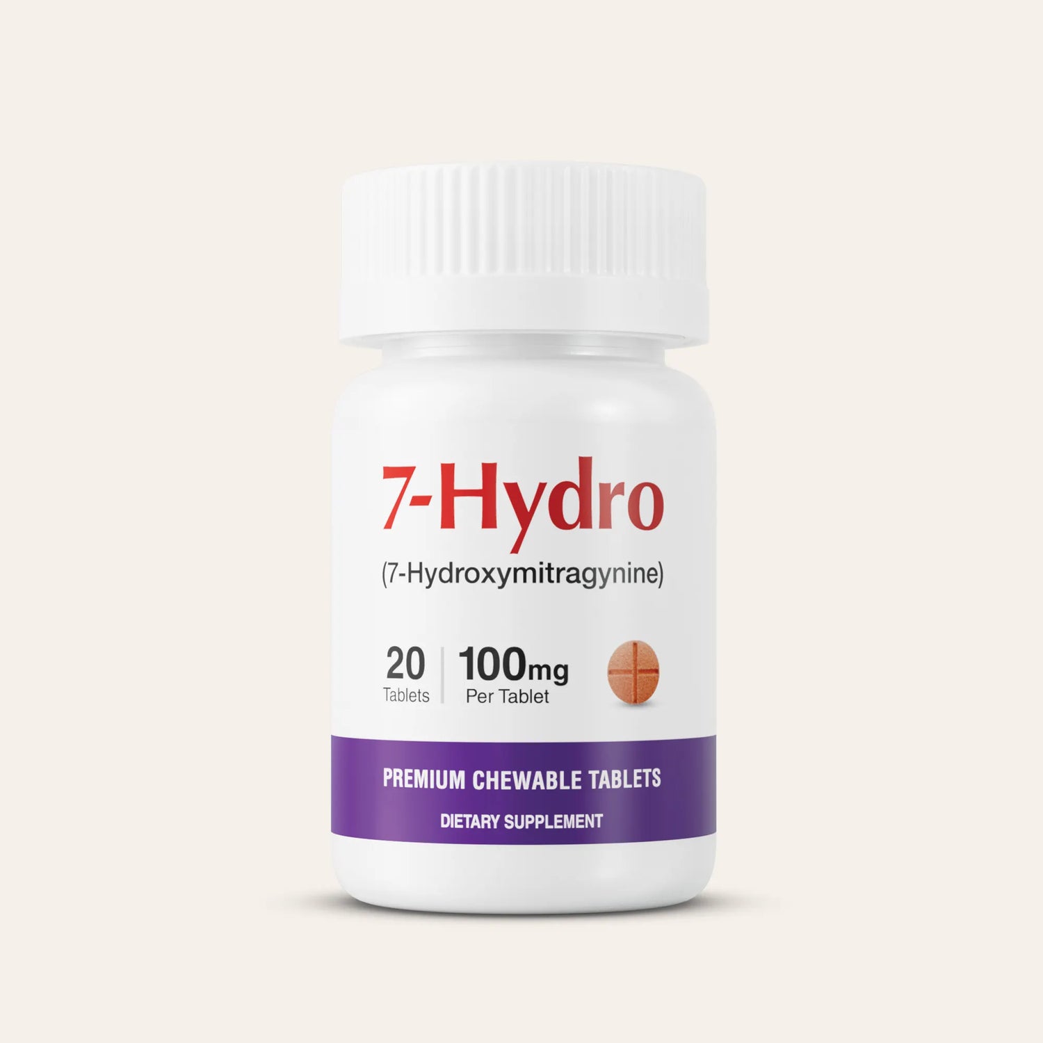 Supplement bottle labeled '7-Hydro' with white and purple design on a beige background.