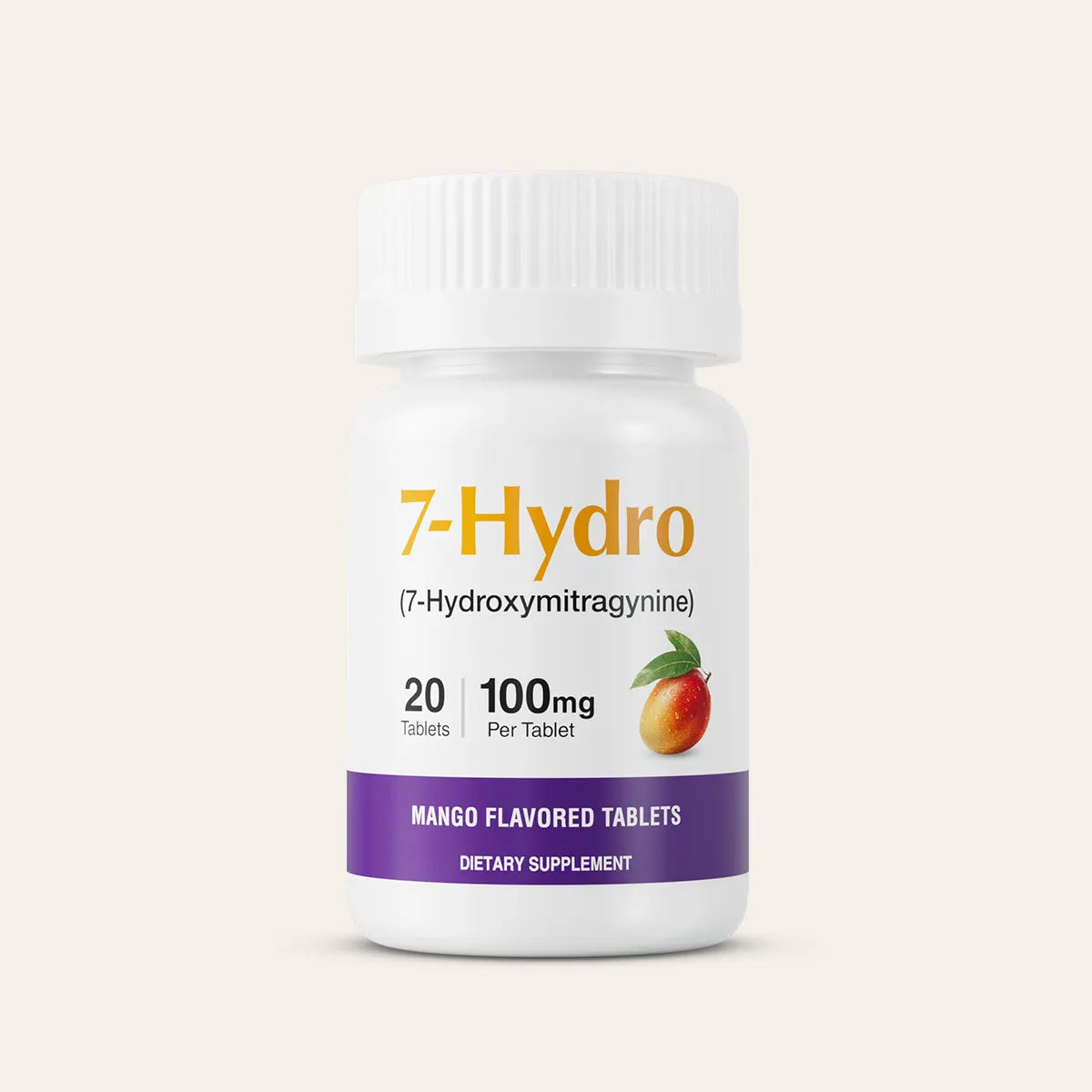 A white plastic bottle of 7-Hydro dietary supplement with a white cap, featuring orange and purple text and a small mango graphic on the label, set against a solid light beige background.