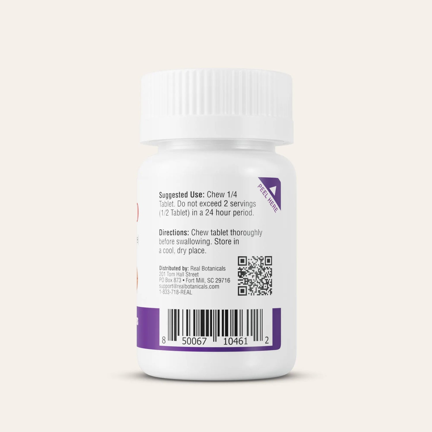 Tall white pill bottle with purple label on a light beige background