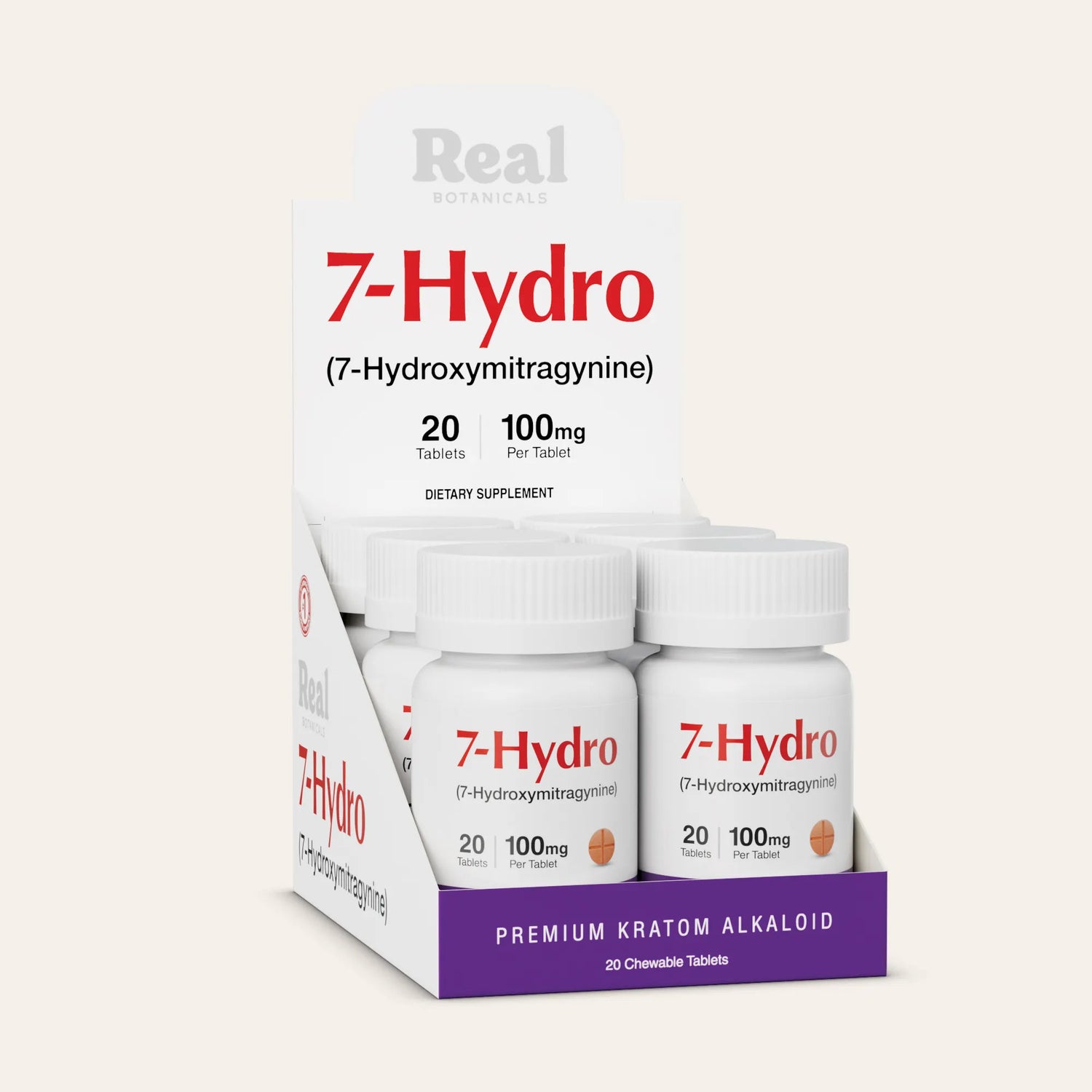 7-Hydro dietary supplement packaging with two bottles and a box on a light beige background