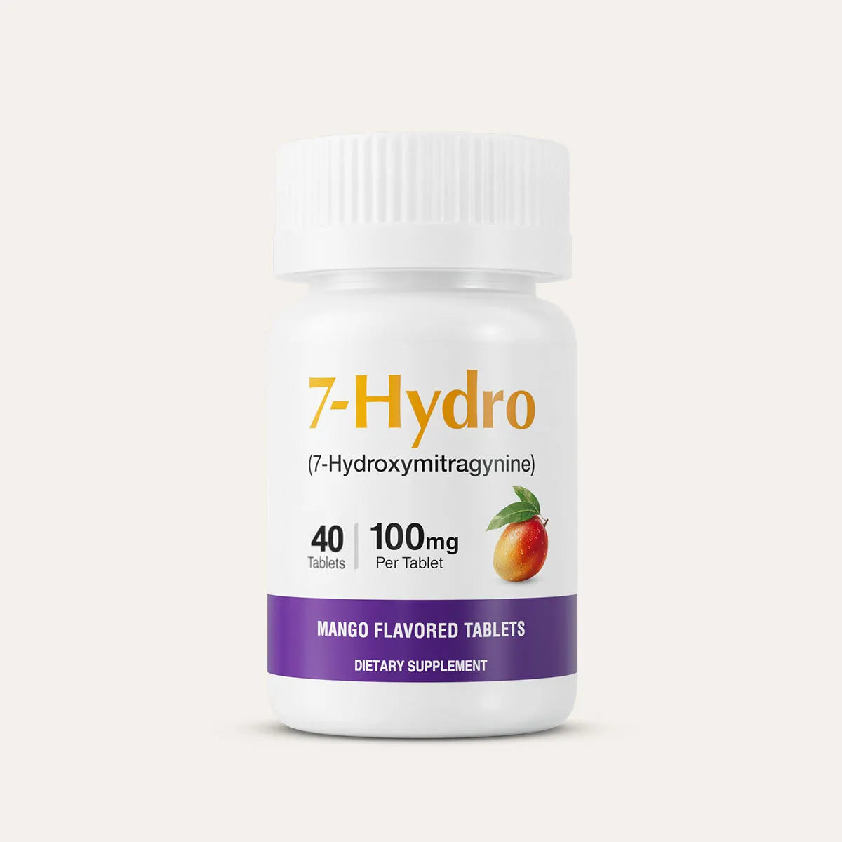 A white plastic bottle of 7-Hydro dietary supplement tablets with a white cap, featuring orange and purple text and a small mango graphic on the label, set against a light beige background.