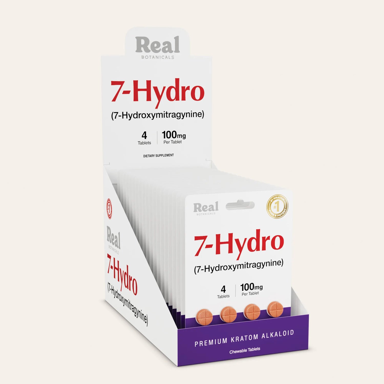 Display of 7-Hydro dietary supplement packaging with 'Real Botanicals' branding on a white background.