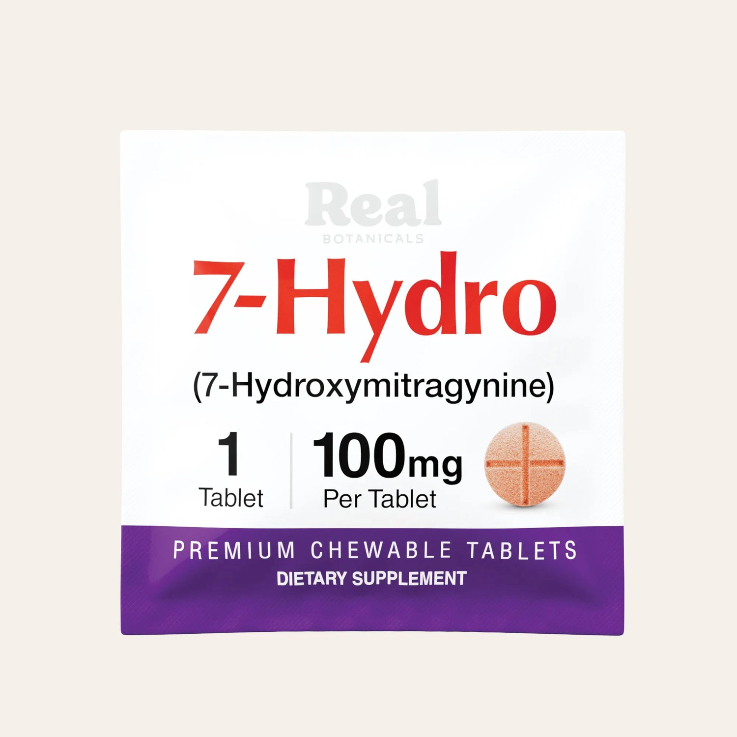 Supplement package labeled '7-Hydro' with dosage information on a beige background