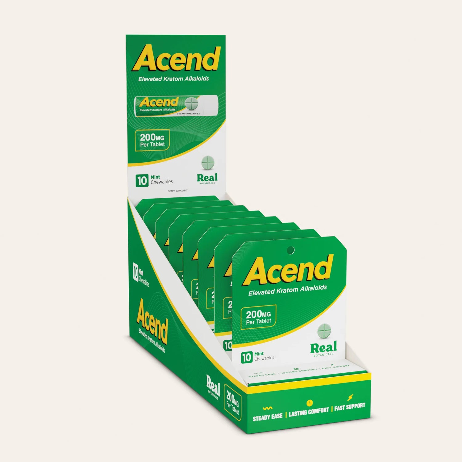 A retail display box of Acend Elevated Kratom Alkaloids, 200mg per tablet, featuring multiple individual packet cards arranged in a green and white stand against a light beige background.