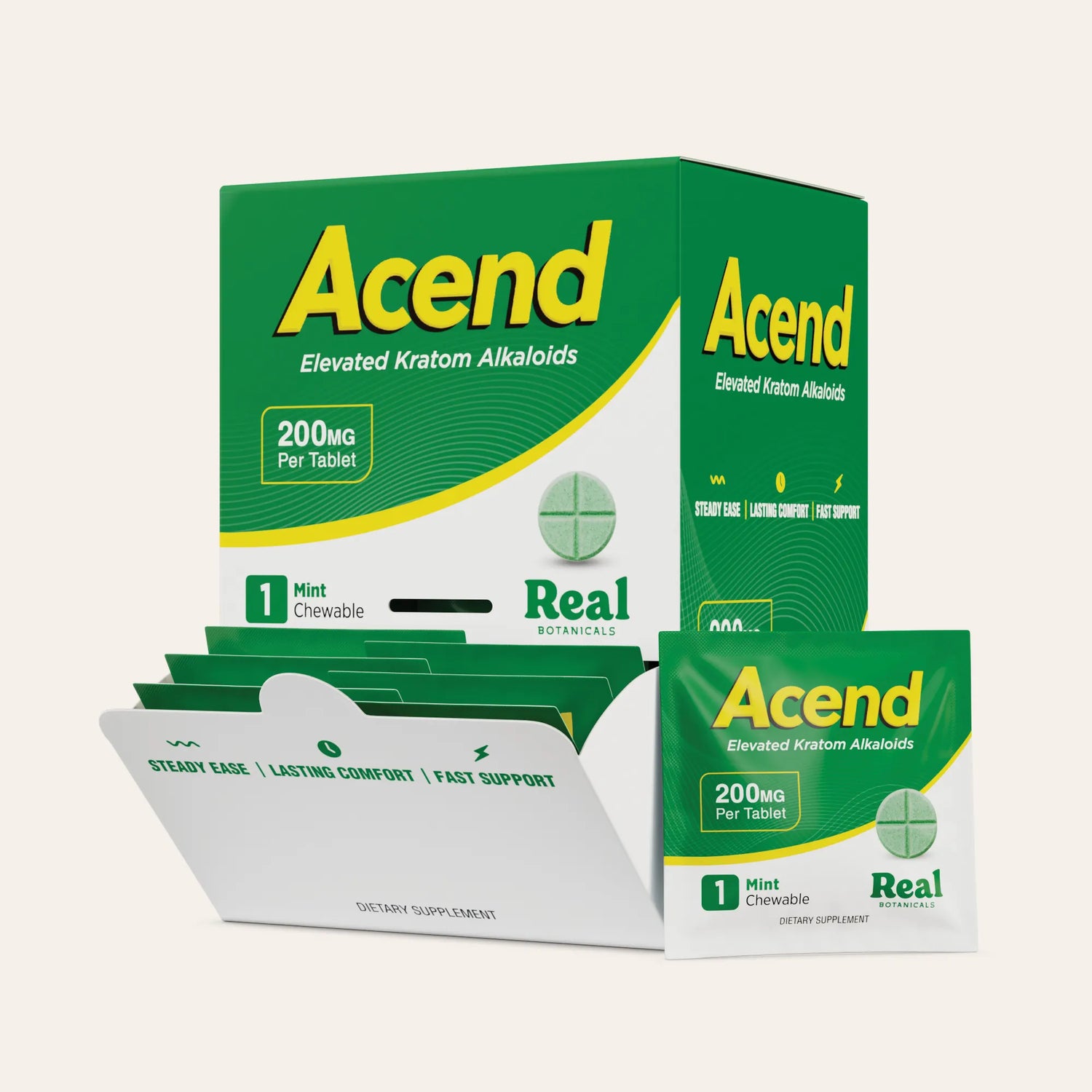 Acend Elevated Kratom Alkaloids 200mg Per Tablet chewable tablets by Real Botanicals, shown with a green and white product box, a tray of individual packets, and a single packet on a light beige background.