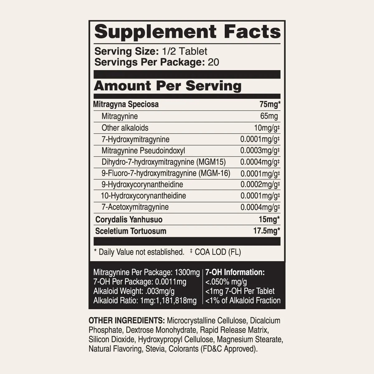 A supplement facts label for Mitragyna Speclosa, showing a black-and-white nutrition panel with listed ingredients and serving size information on a light beige background.