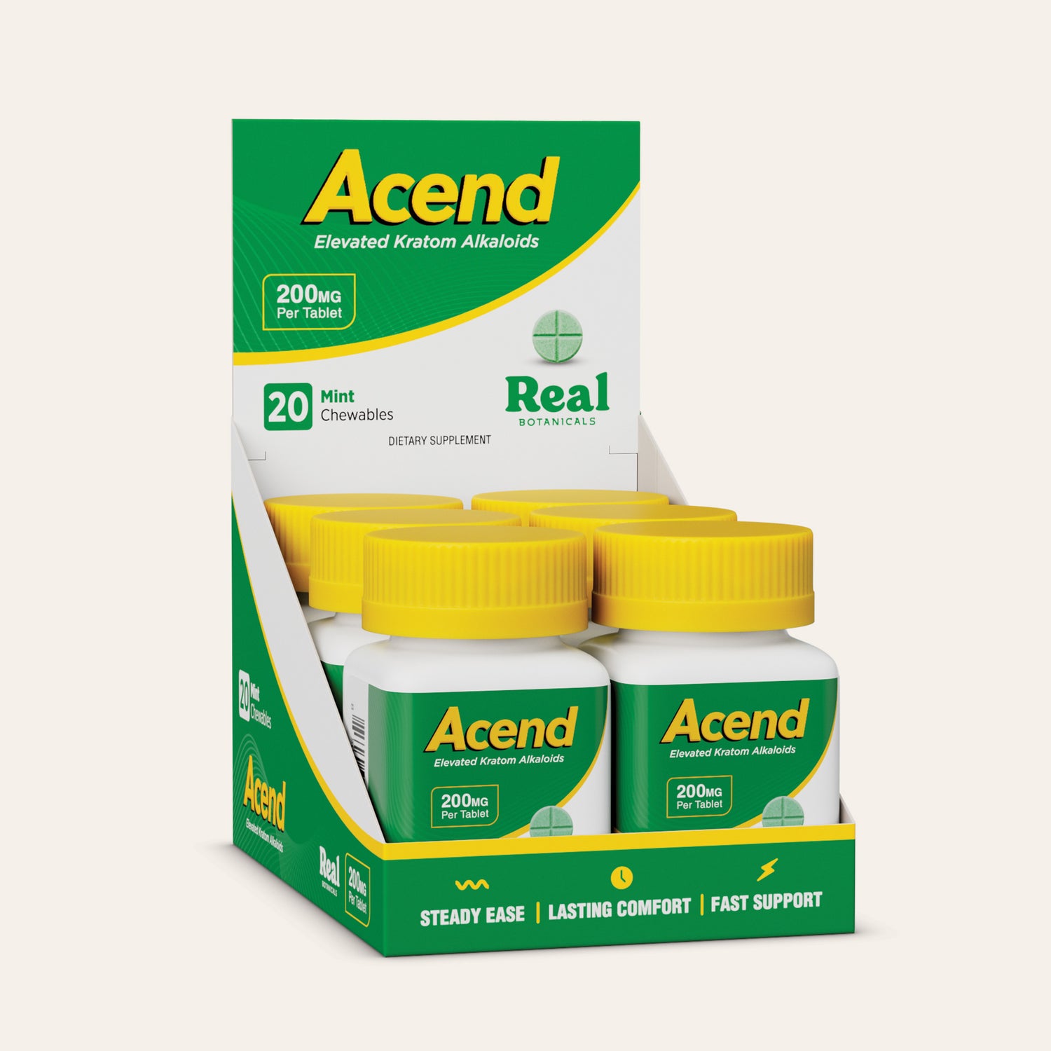 A retail display box of Acend Elevated Kratom Alkaloids by Real Botanicals, containing four white bottles with yellow caps and green labels, shown on a light beige background.