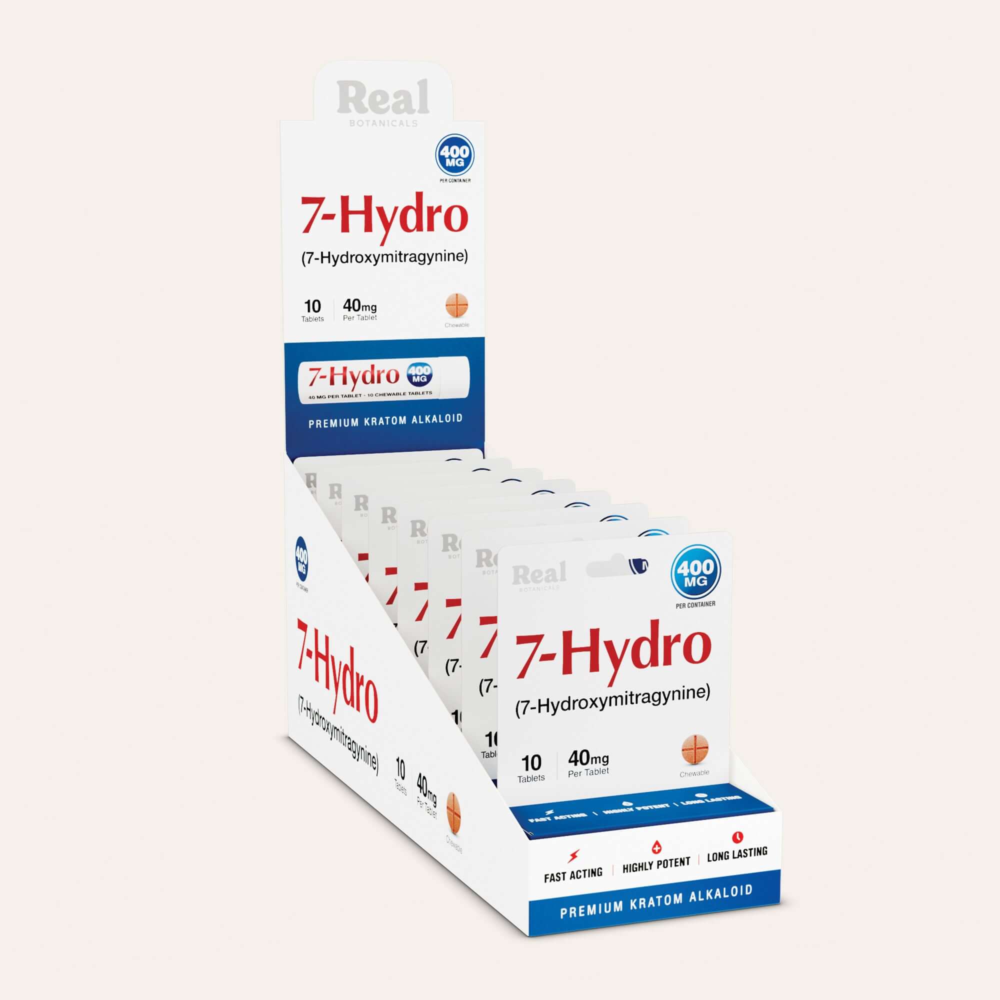 Display box of 7-Hydro premium kratом products on a white background