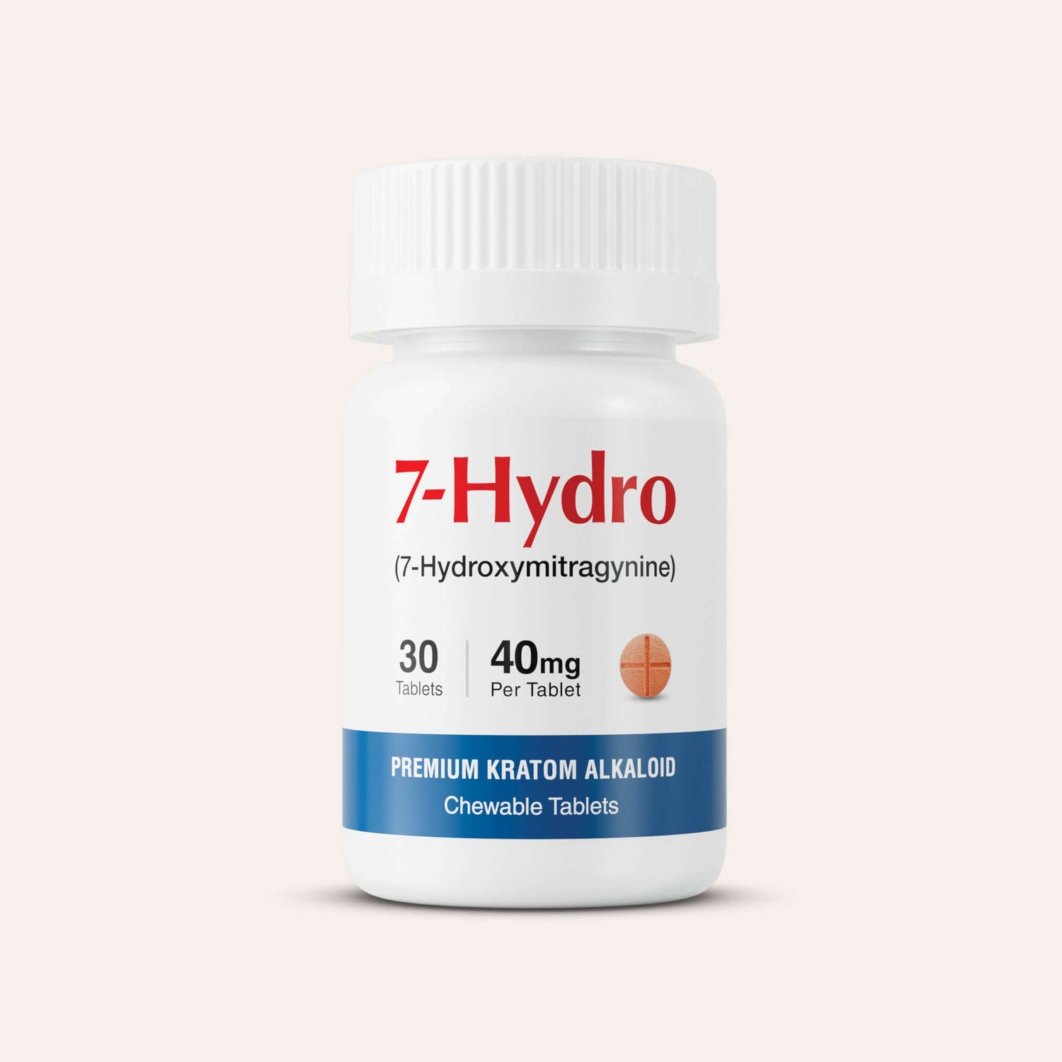 Bottle of 7-Hydro premium kratom alkaloid chewable tablets on a light beige background