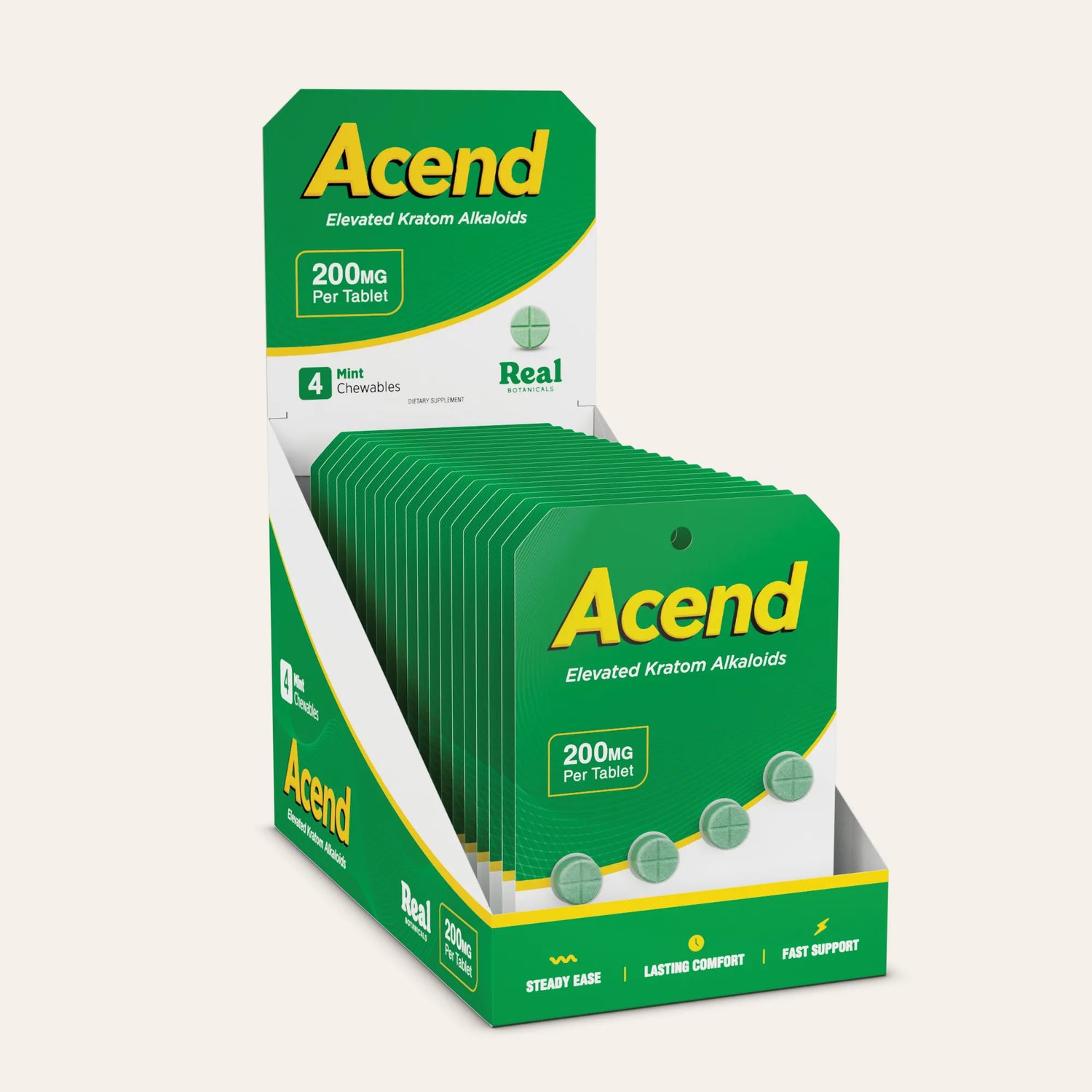A retail display box of Acend Elevated Kratom Alkaloids 200mg chewables, showing a stack of green and white individual packet cards with yellow branding, set against a solid off-white background.