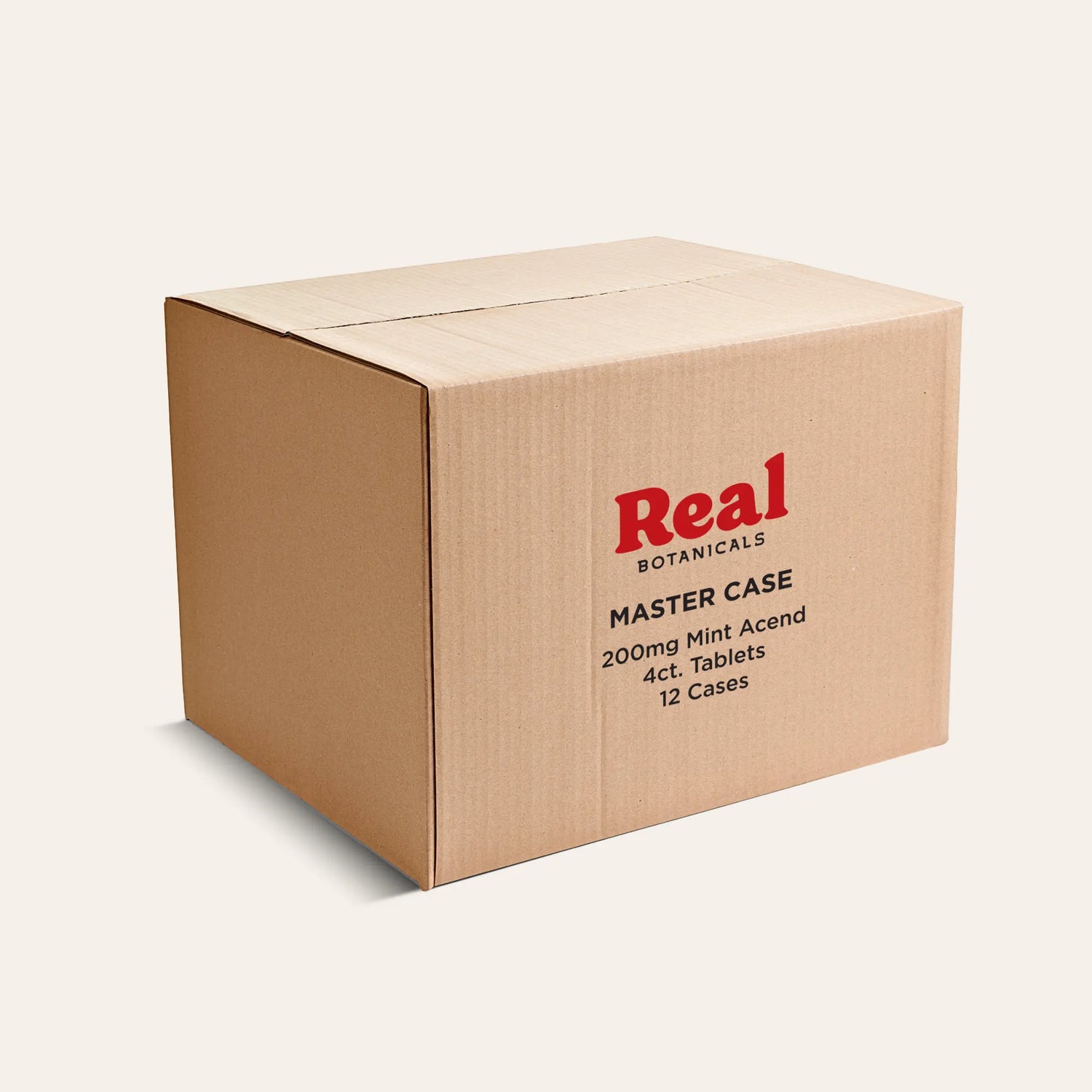 Cardboard box with 'Real Botanicals' branding on a white background