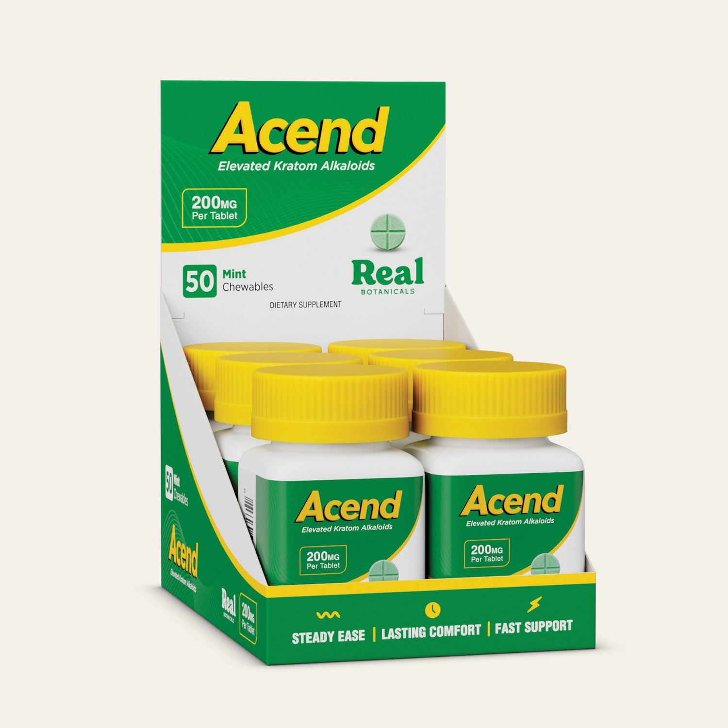 A retail display box of Acend Elevated Kratom Antihistamines by Real Botanicals, containing five white bottles with yellow caps and green-and-yellow labels, shown on a light beige background.