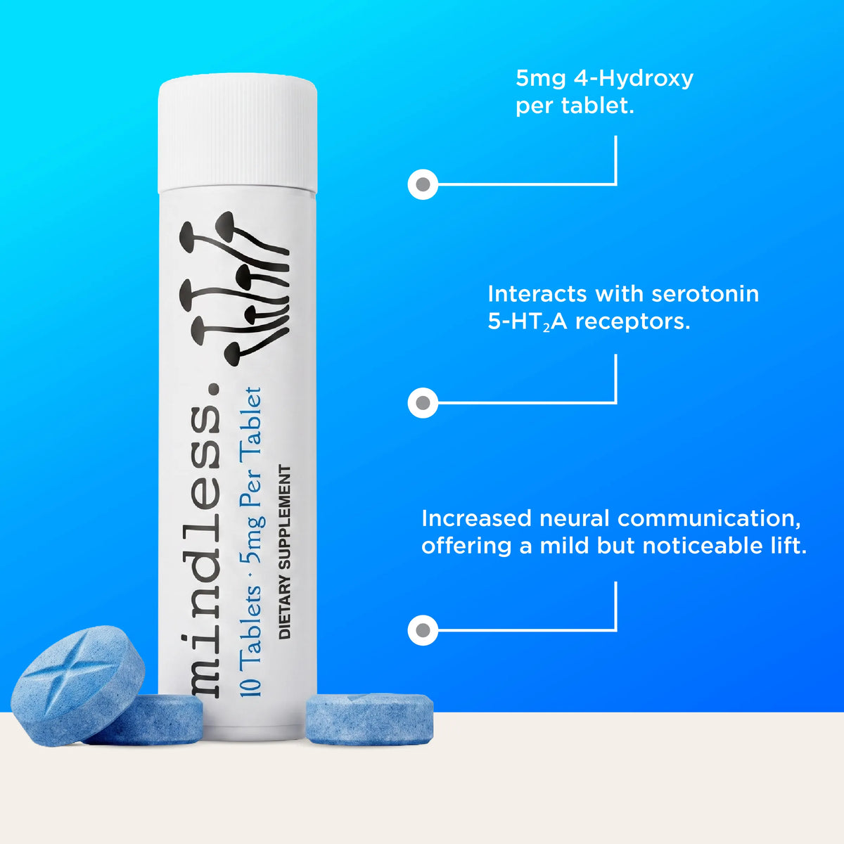A white cylindrical supplement bottle labeled 'mindless.' stands on a light beige background with blue tablets in front.