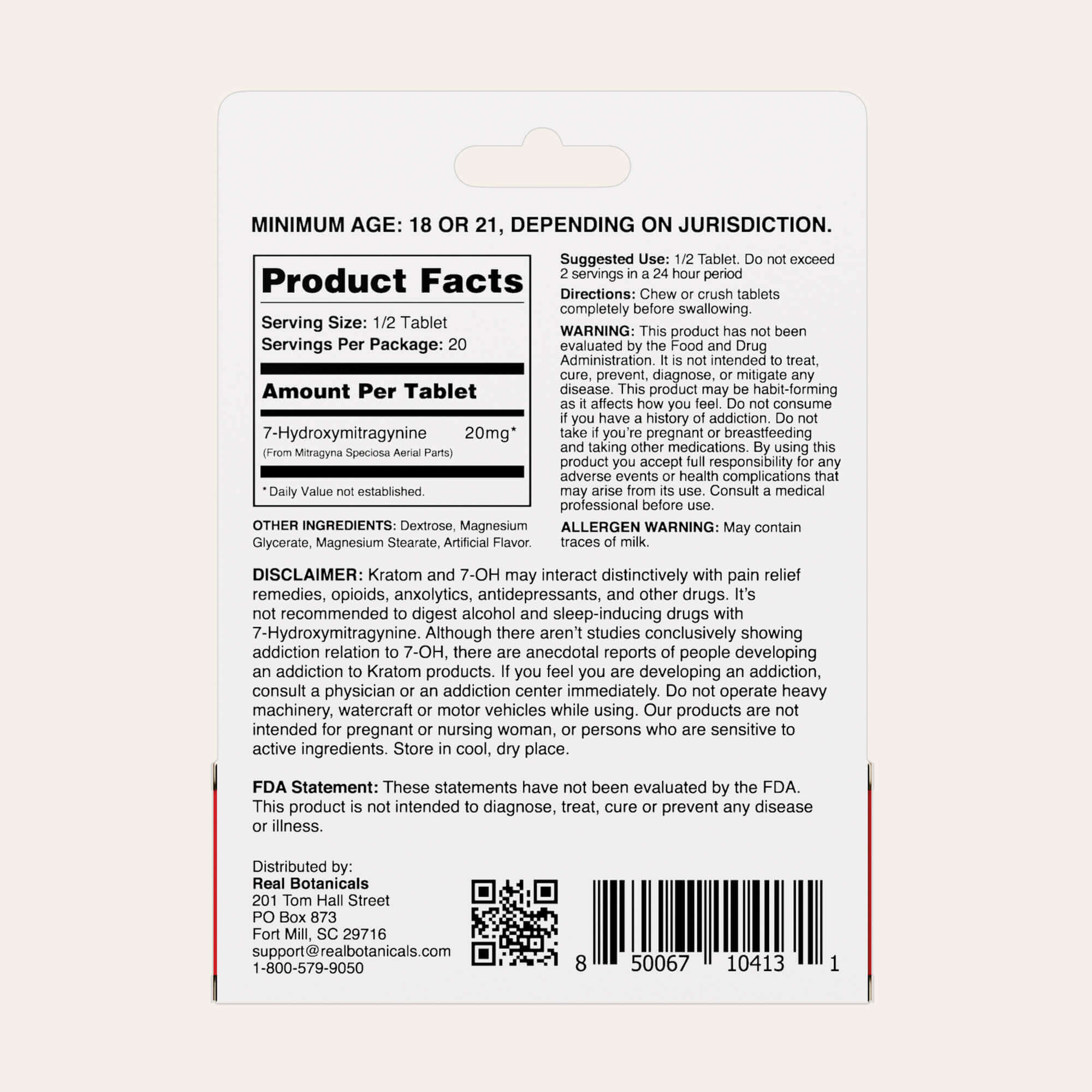 The back of a supplement package labeled Product Facts for 7-Hydroxymitragynine tablets, showing ingredients, dosage, warnings, disclaimers, manufacturer details, a barcode, and a QR code. 