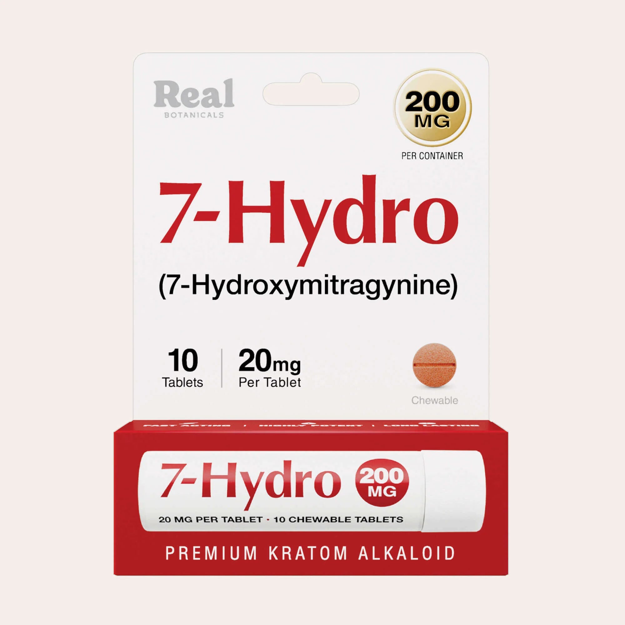 A box and blister pack labeled 7-Hydro (7-Hydroxymitragynine) with 10 chewable tablets, 20 mg per tablet, 200 mg per container, and the text Premium Kratom Alkaloid on the packaging. 